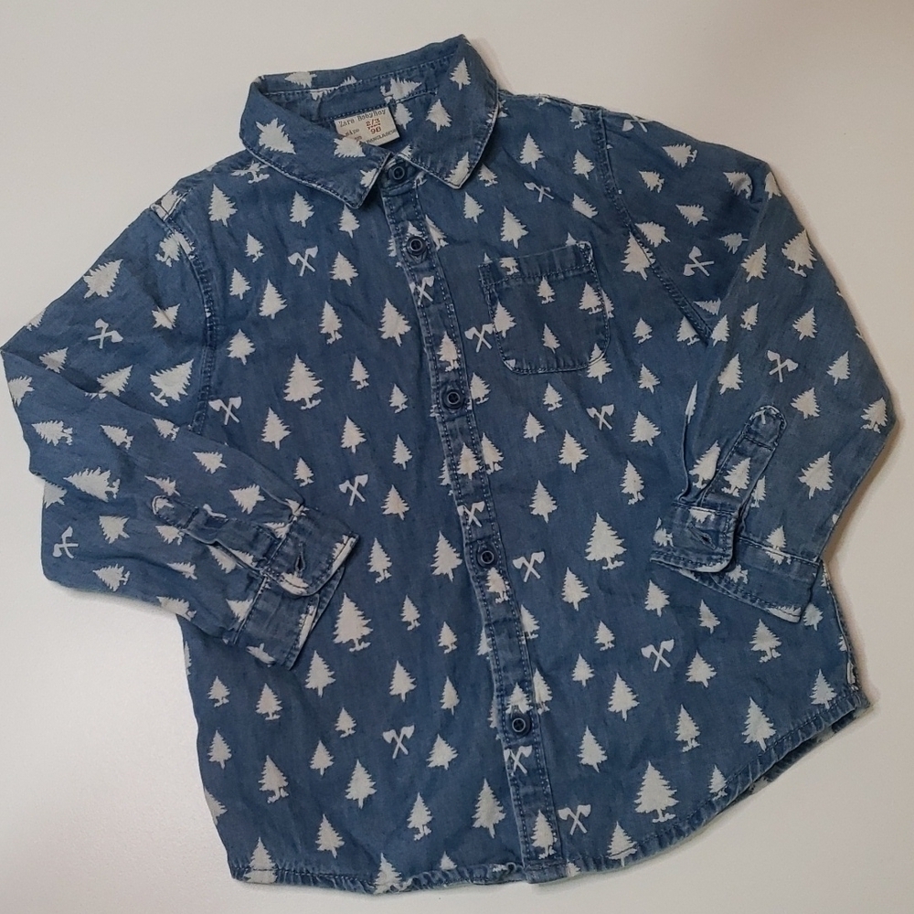 3/$30 Zara Baby Tree Axe Print Denim Long Sleeve 100% Cotton Button Down Holiday